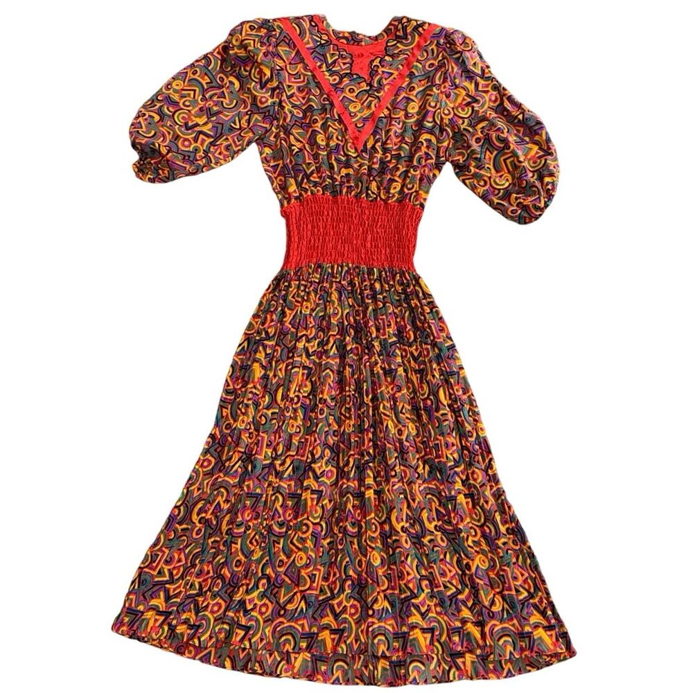 Vintage Diane Freis 100% Silk Abstract Print Smocked Waist Puff Sleeve Dress